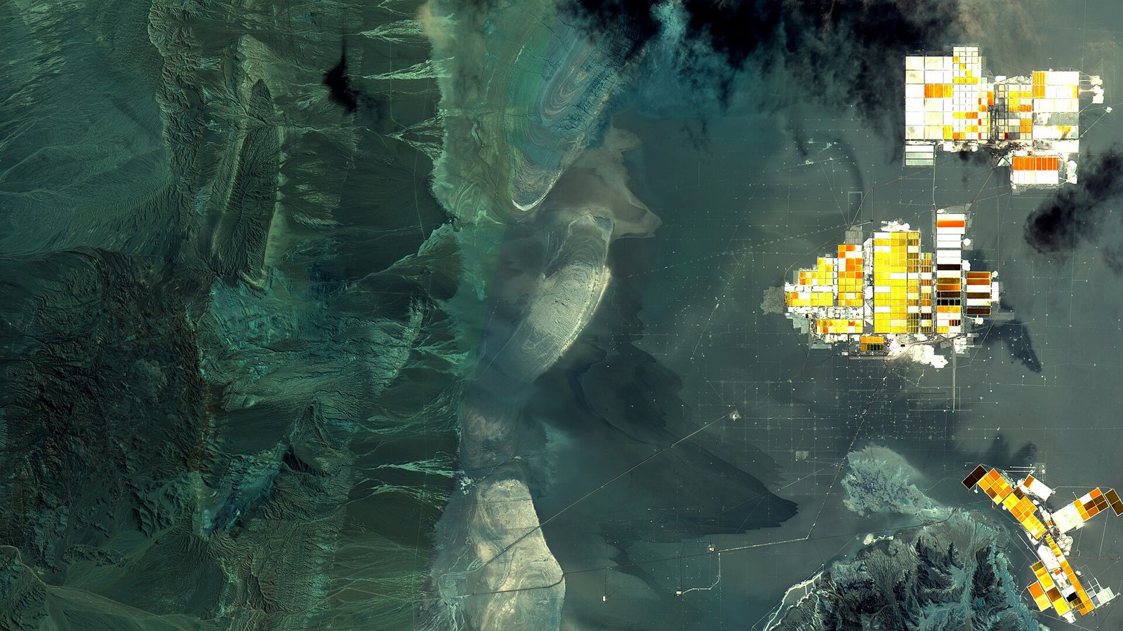Satellite view of the Salar de Atacama with lithium evaporation ponds, Chile