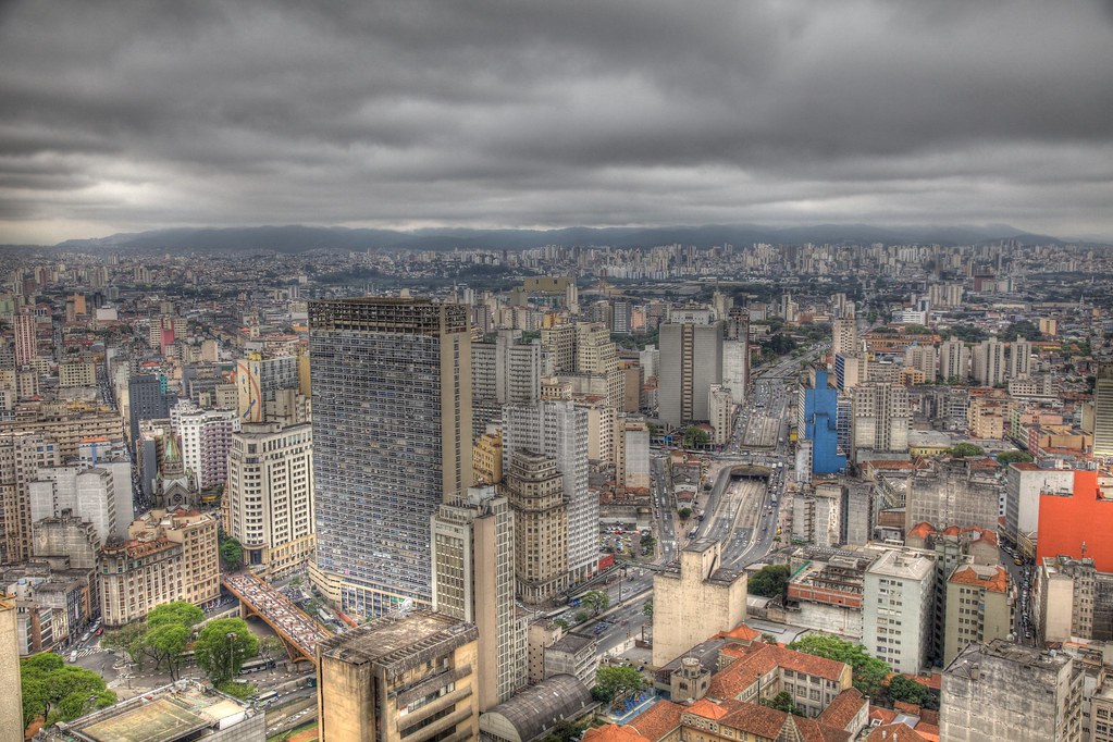 Aerial view of the Sao Paulo skyline under heavy cloud, illustrating the Sao Paulo daily brief