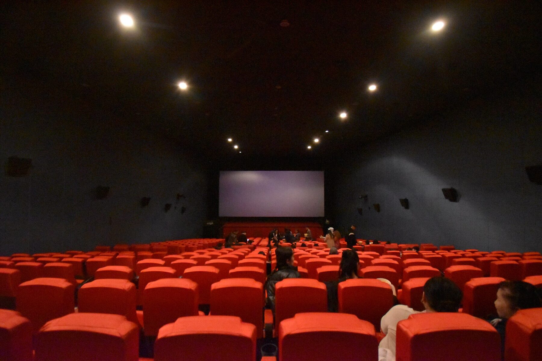 Movie theater with red seats and a screen