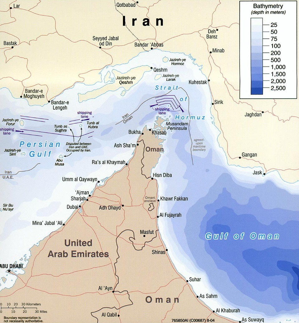 Satellite view of the Strait of Hormuz between Iran and Oman