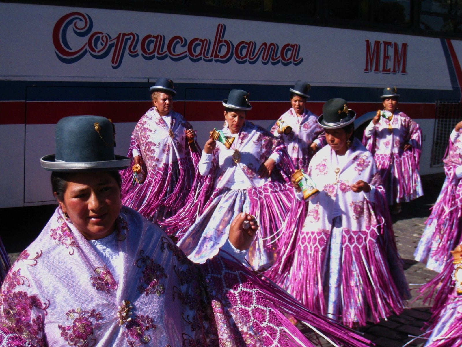 Dancers in colourful costumes at the Virgin of Urcupina festival in Quillacollo, Bolivia, during the Gran Entrada parade