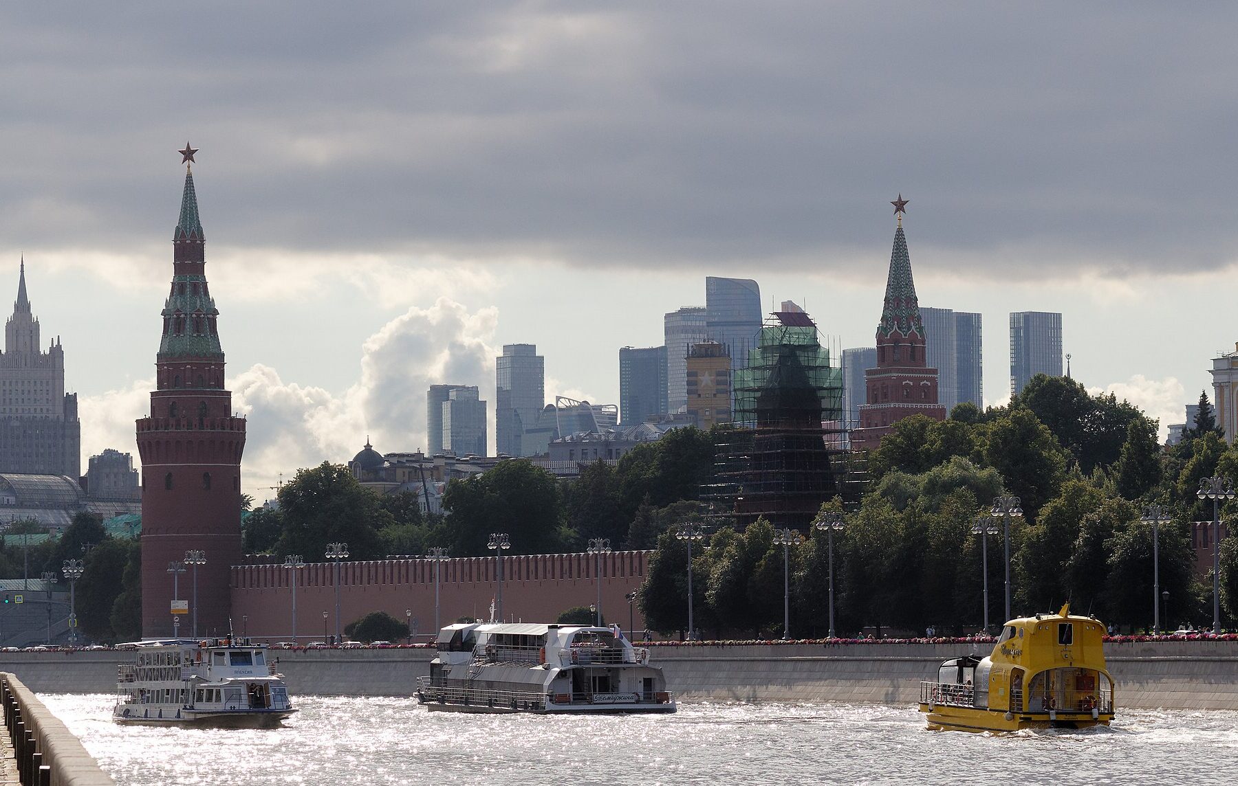 The Moscow skyline with the Kremlin towers and the Moscow City business district