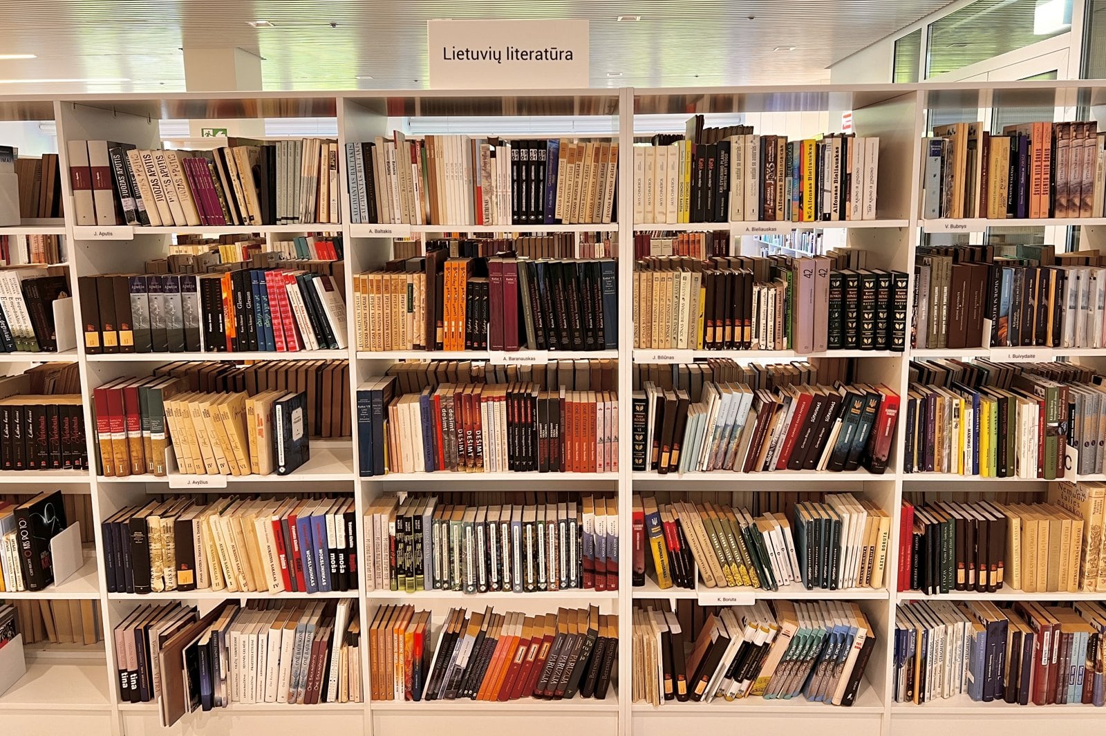 Shelves of books in a library.
