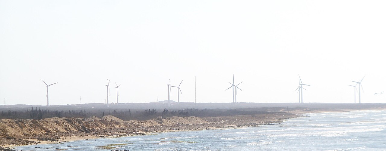Wind turbines in La Guajira, Colombia, near where GEB's Colectora transmission line is being built