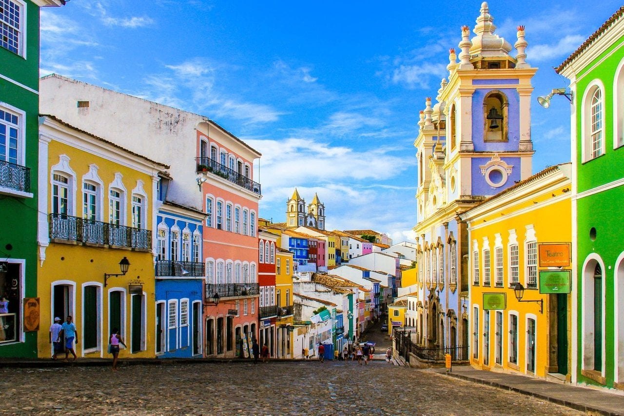 The colourful colonial facades of Pelourinho, the historic centre of Salvador, Bahia, Brazil