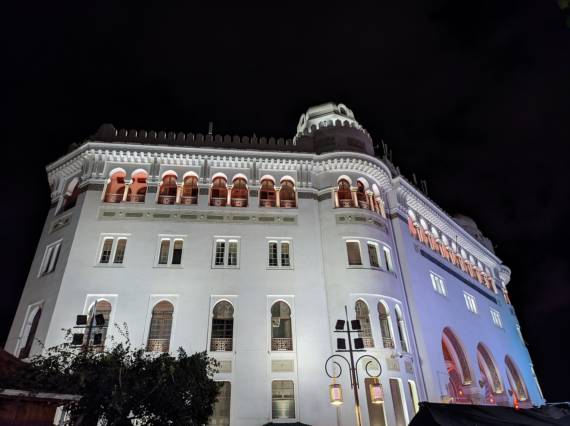 The Grand Post Office of Algiers lit up at night