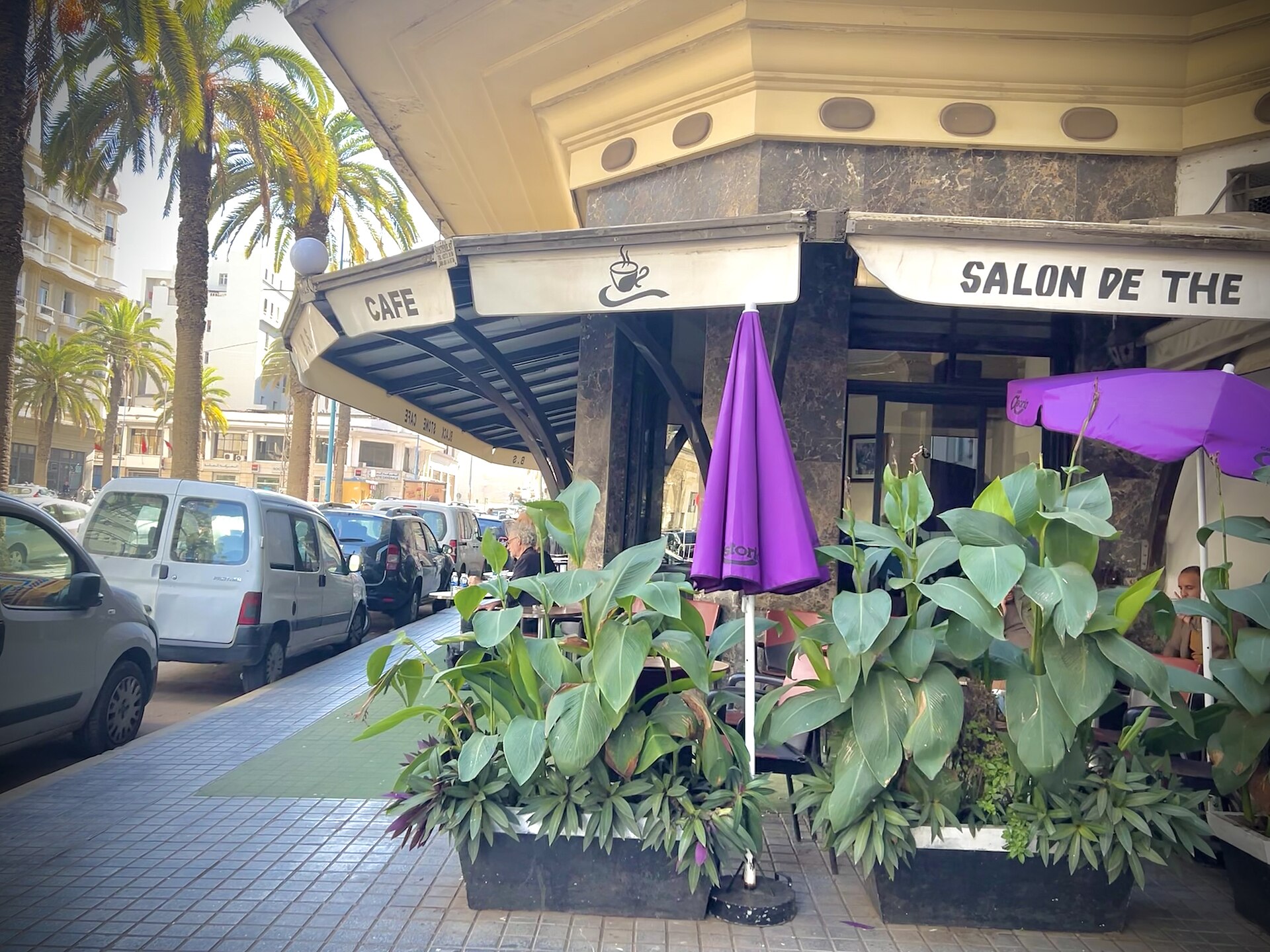 A street cafe in Casablanca, Morocco, with residents talking over coffee