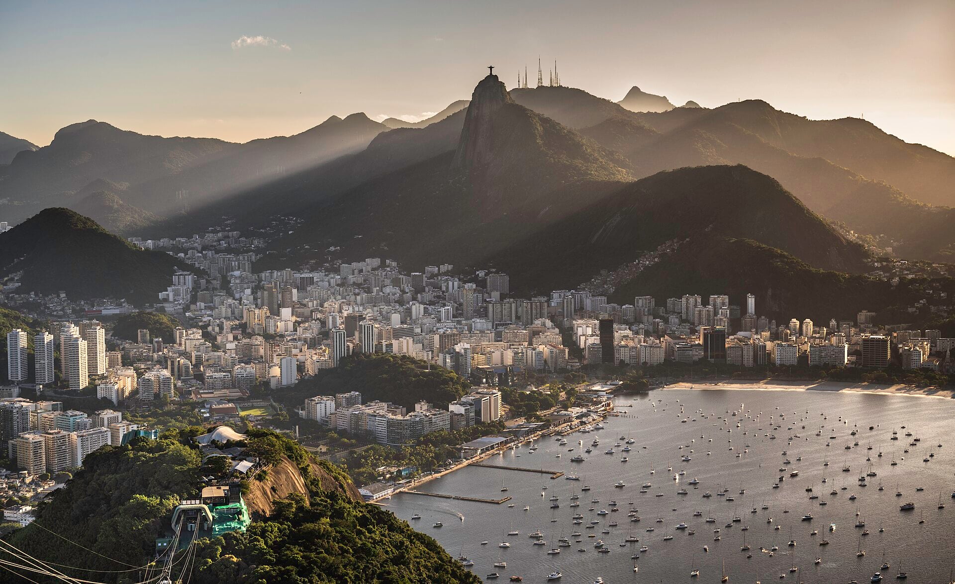 The Rio de Janeiro skyline and Sugarloaf Mountain at sunset