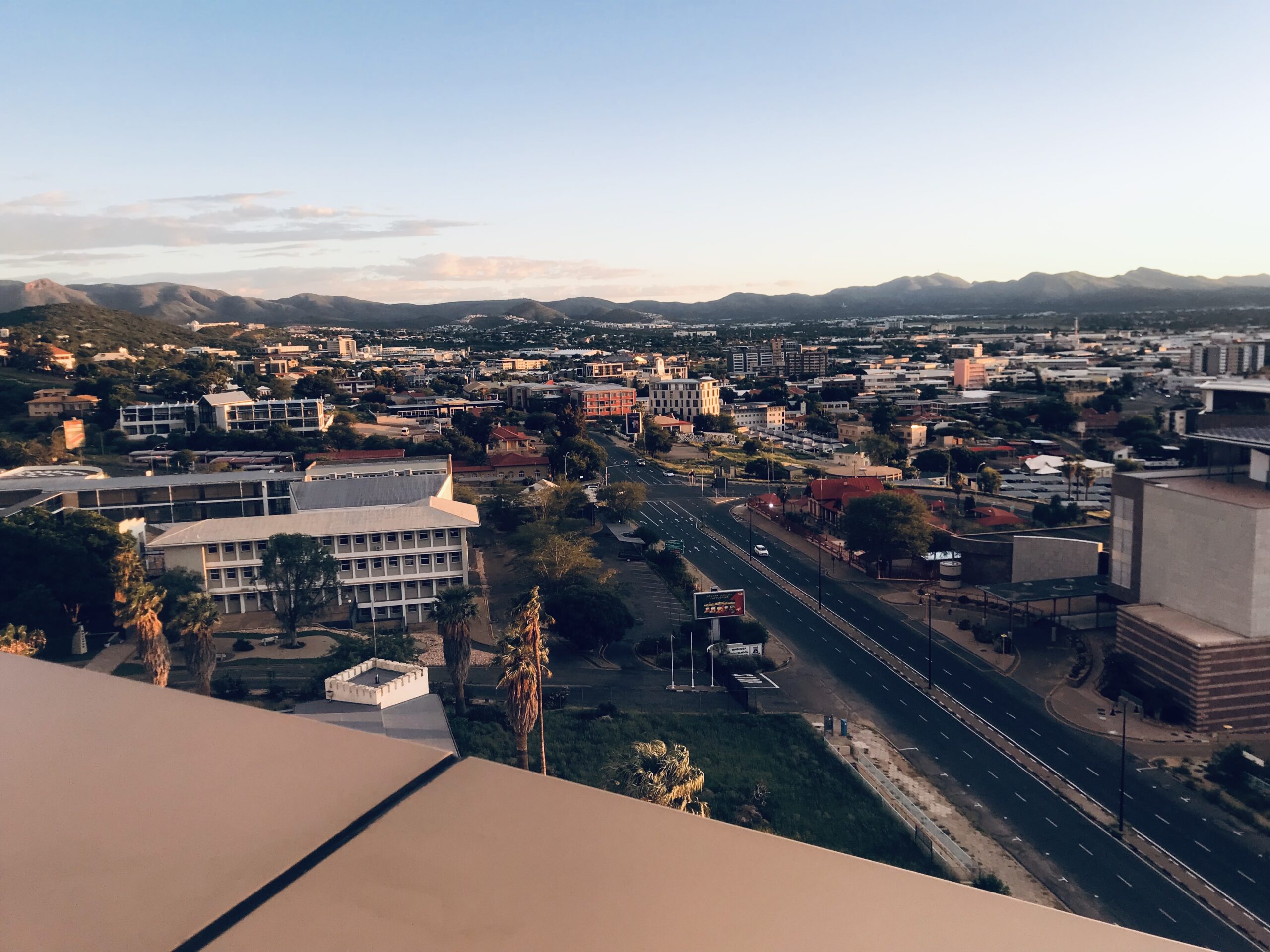 Namibia HIV funding — the city centre of Windhoek at dusk