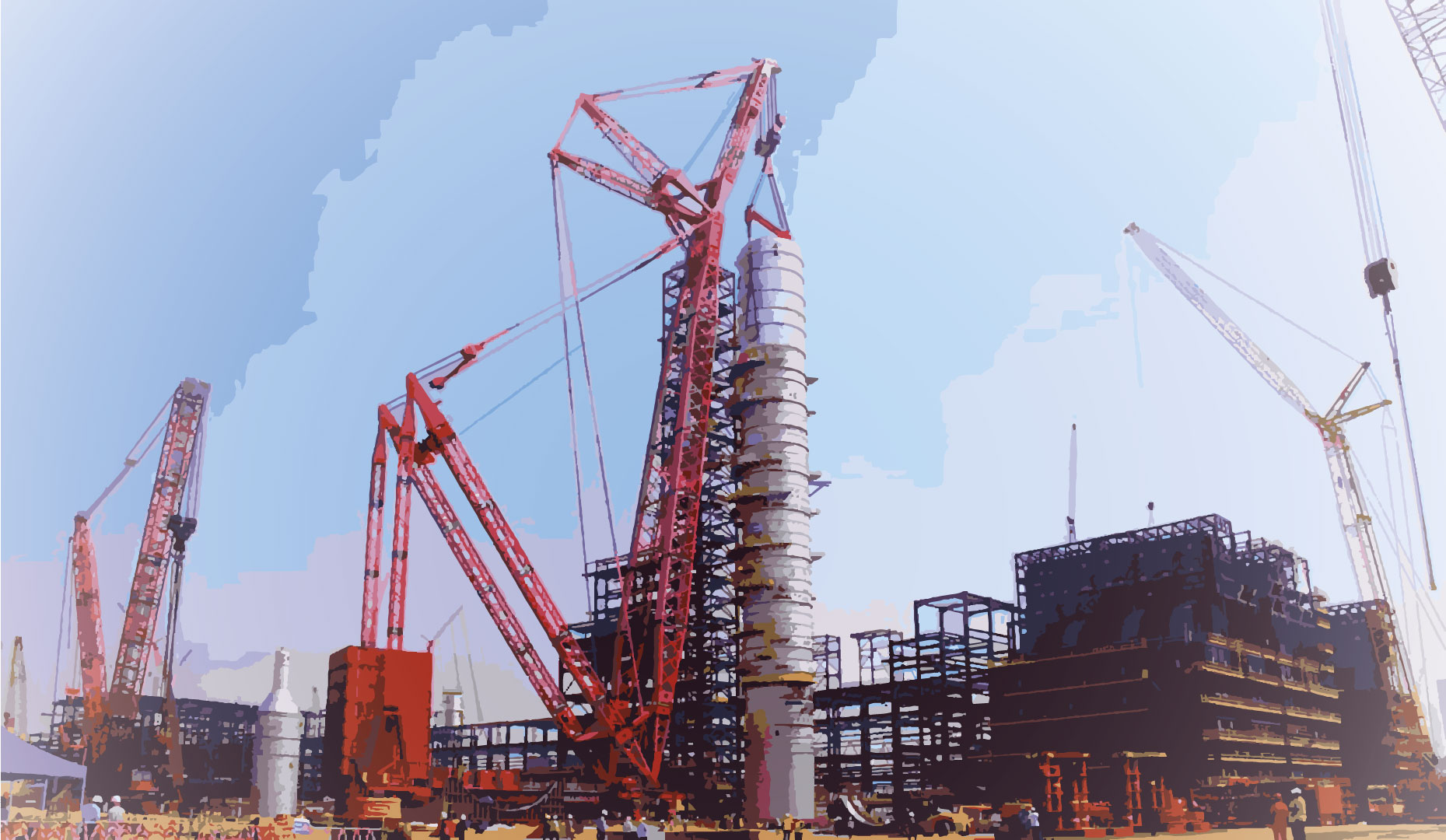 Cranes lift the crude distillation column into place during construction of the Dangote refinery near Lagos, Nigeria