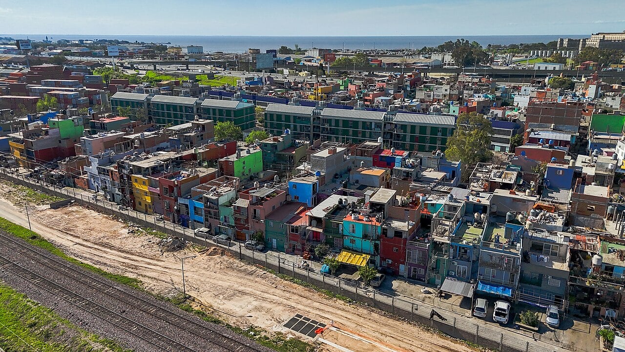 Argentina poverty rate: aerial view of Villa 31, an informal settlement beside the railway tracks in Buenos Aires