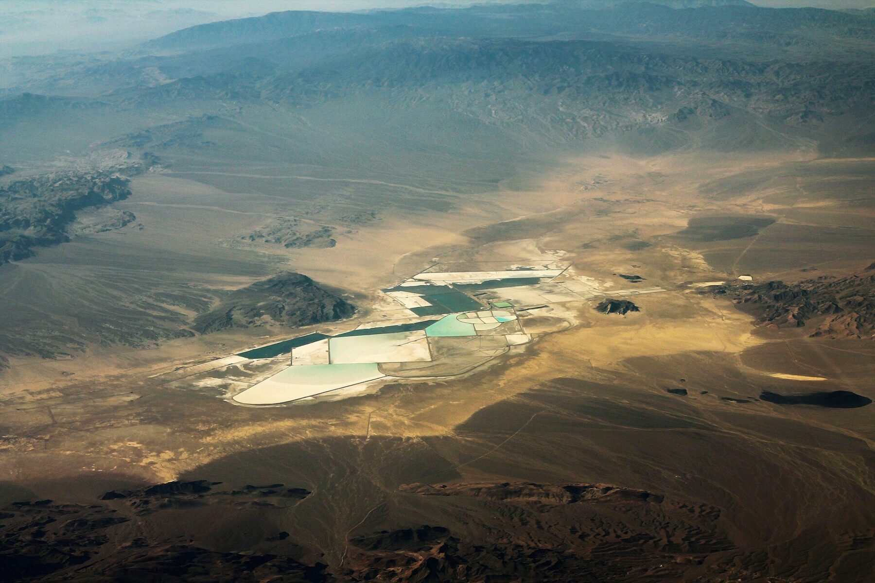 Aerial view of Albemarle lithium brine evaporation ponds at Silver Peak, Nevada