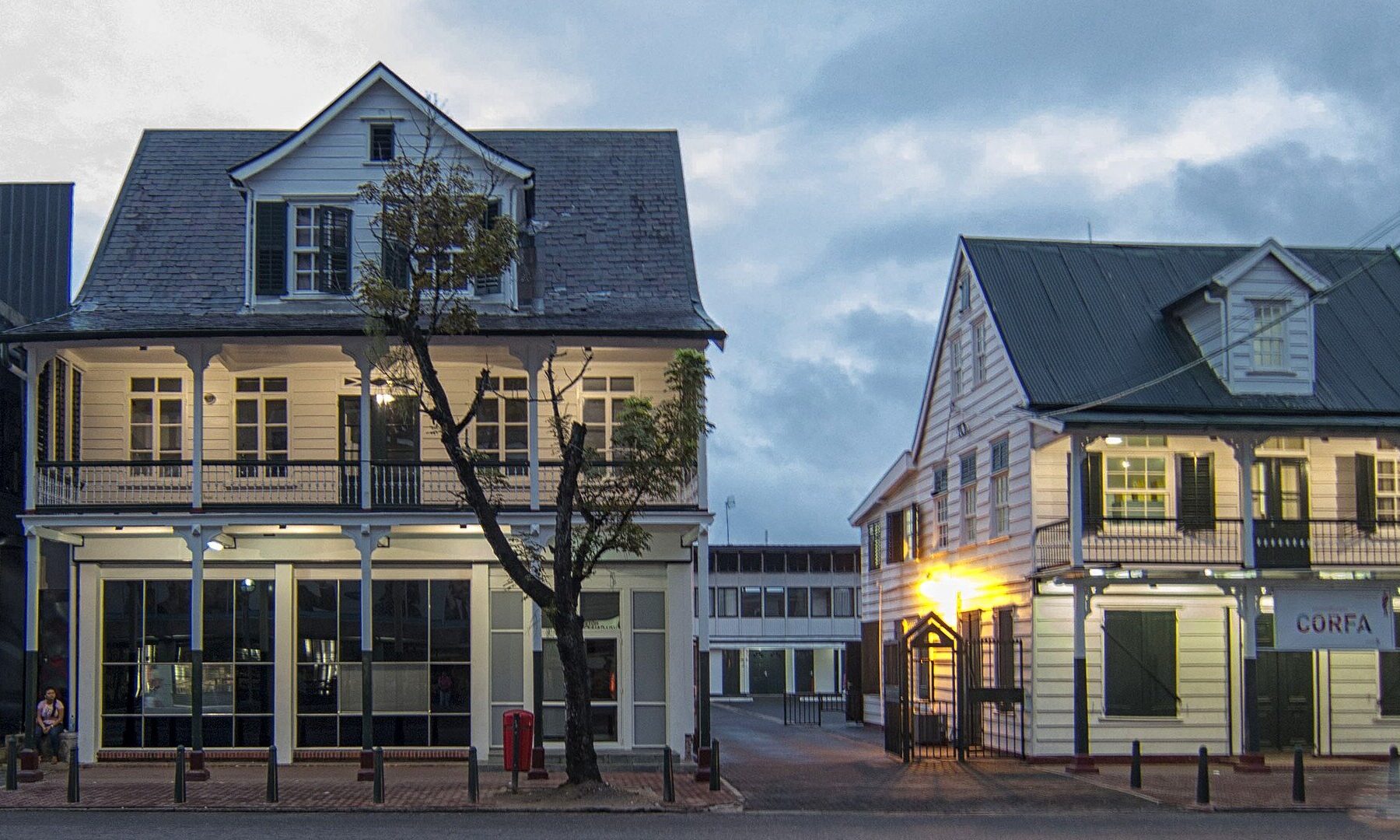 Restored wooden shop buildings on the Domineestraat in Paramaribo’s historic centre