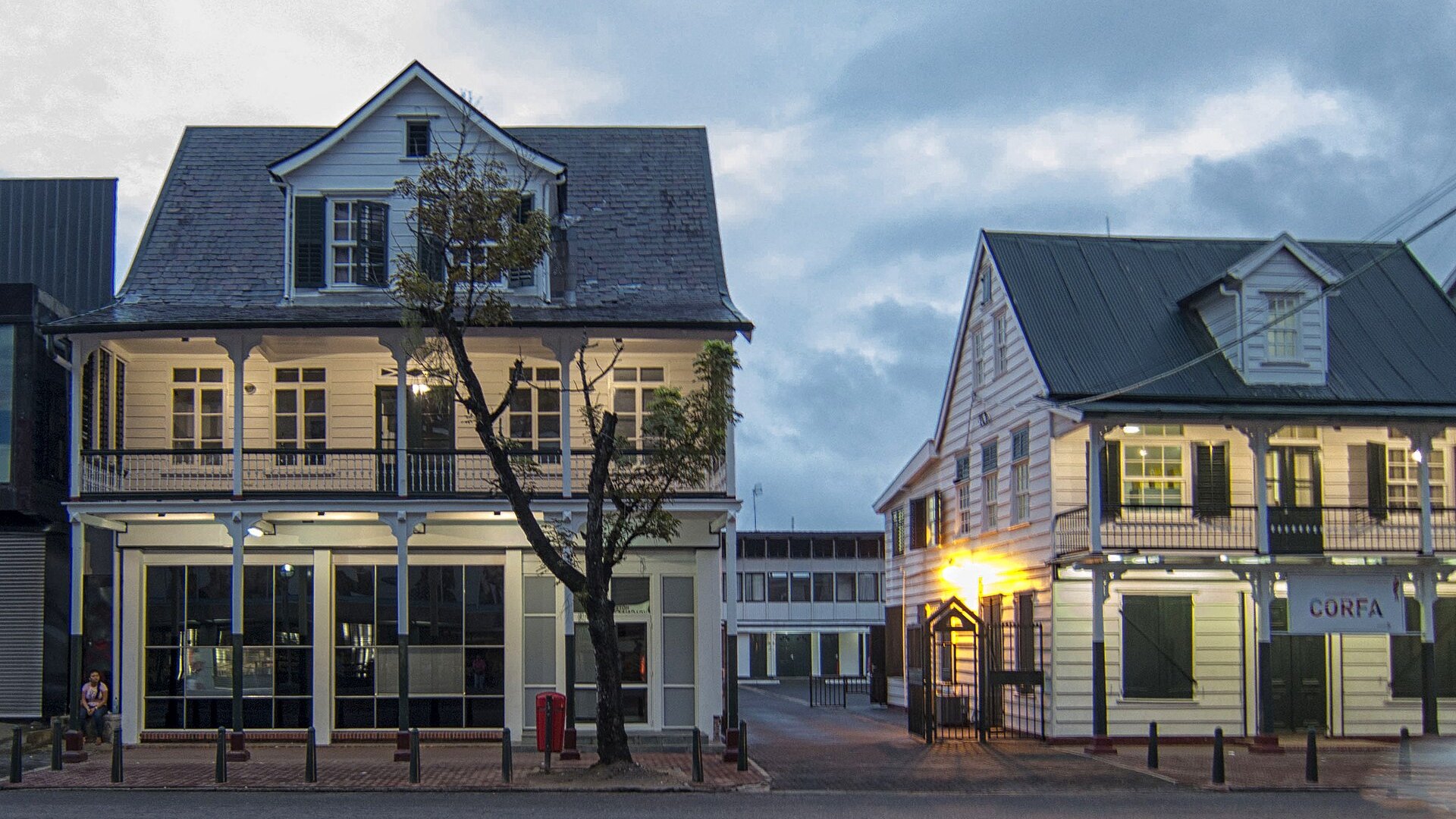 Restored wooden shop buildings on the Domineestraat in Paramaribo’s historic centre