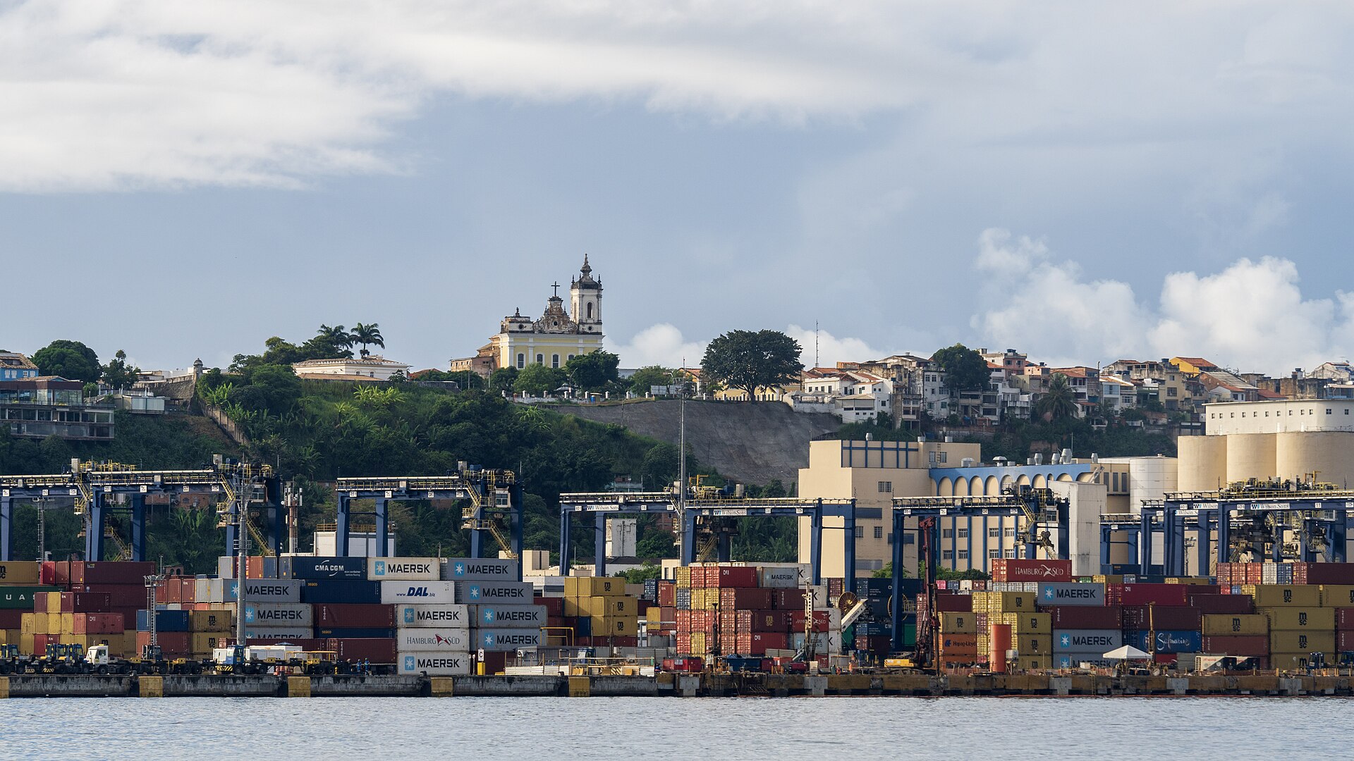 Stacked shipping containers at the port of Salvador in Bahia, Brazil