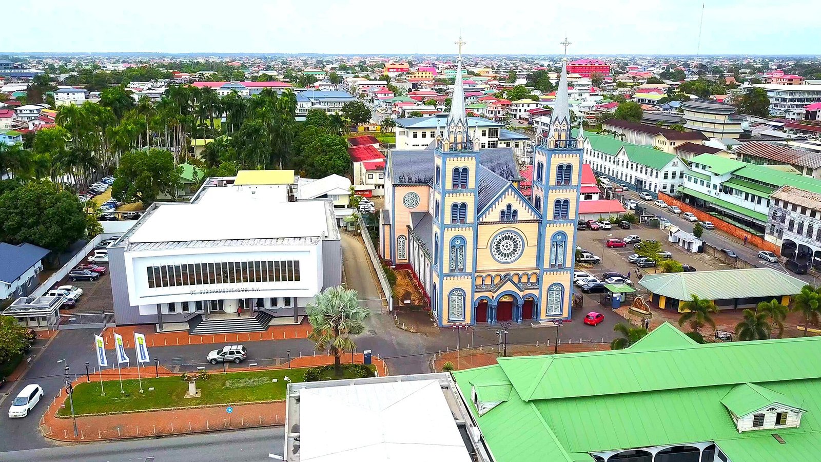 Aerial view of central Paramaribo with cathedral and bank building