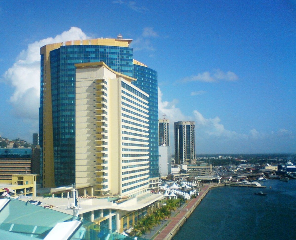 The Port of Spain waterfront in Trinidad, with the port and moored vessels to the right