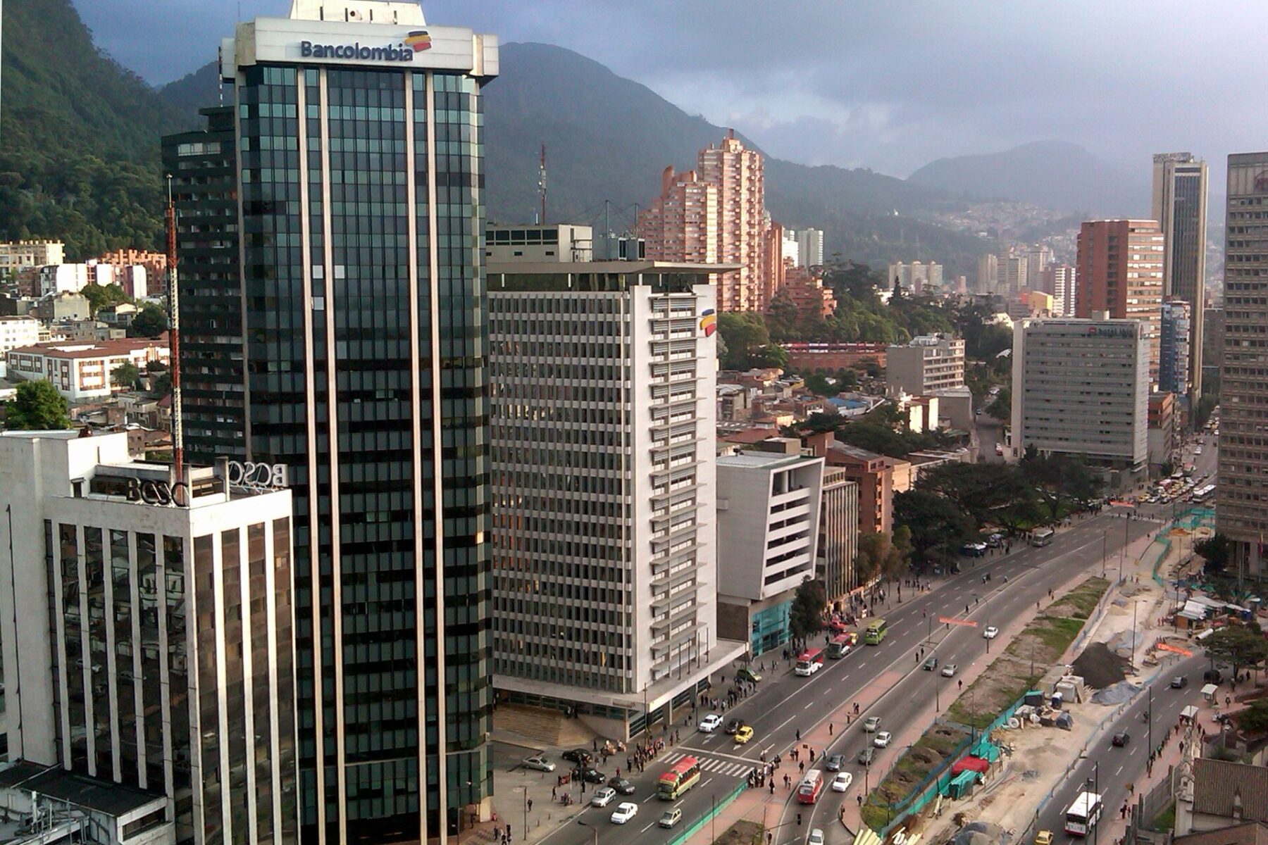 Medellin cityscape with Bancolombia building and mountains