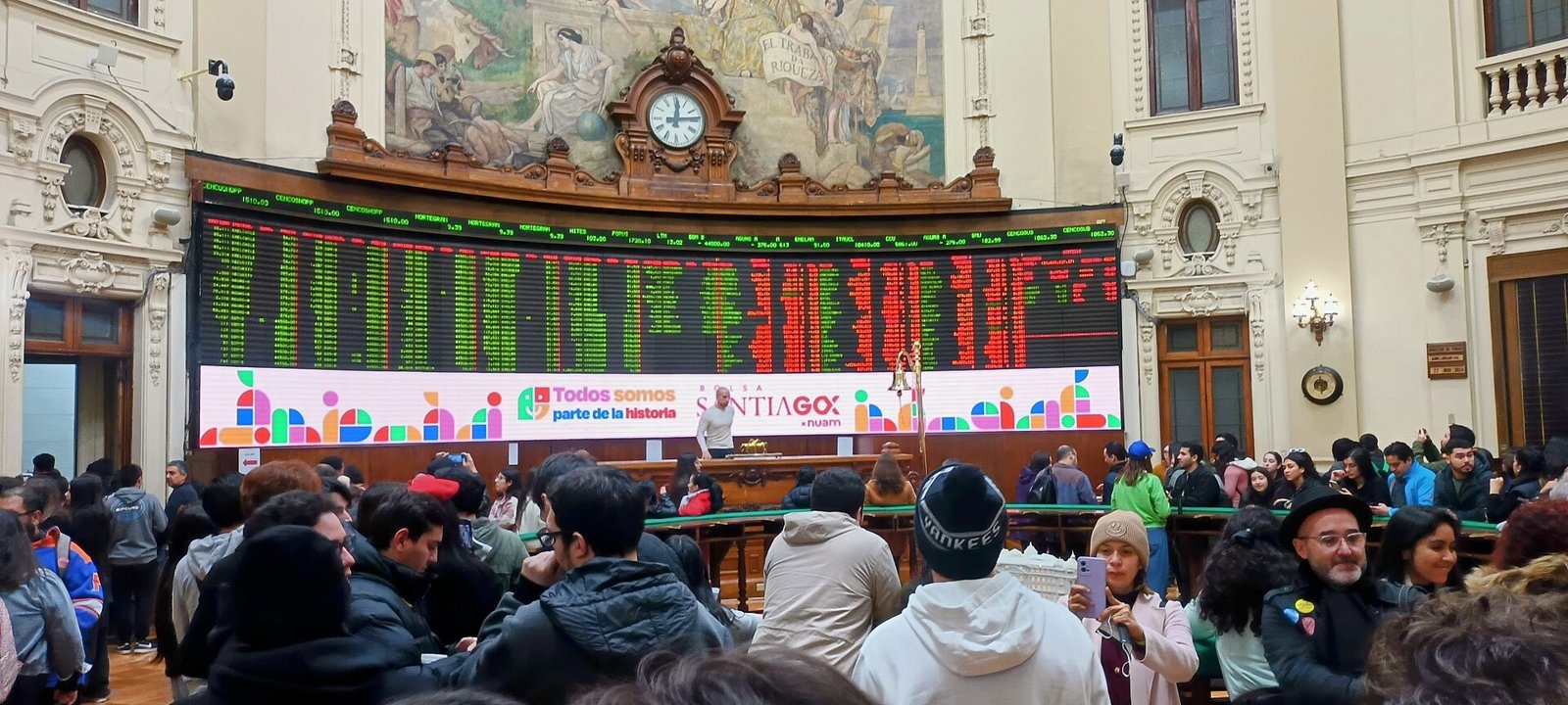 The trading hall and quote board of the Santiago Stock Exchange.