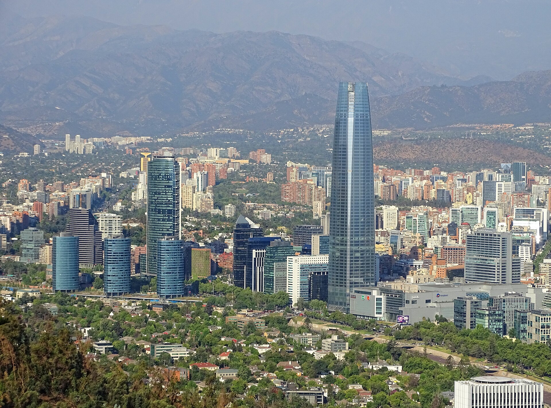 Santiago's financial district with the Gran Torre Santiago against the Andes.