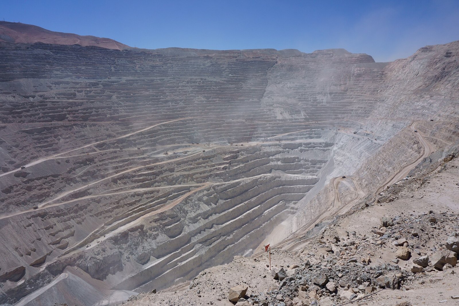 Terraced walls of the Chuquicamata open-pit copper mine in northern Chile