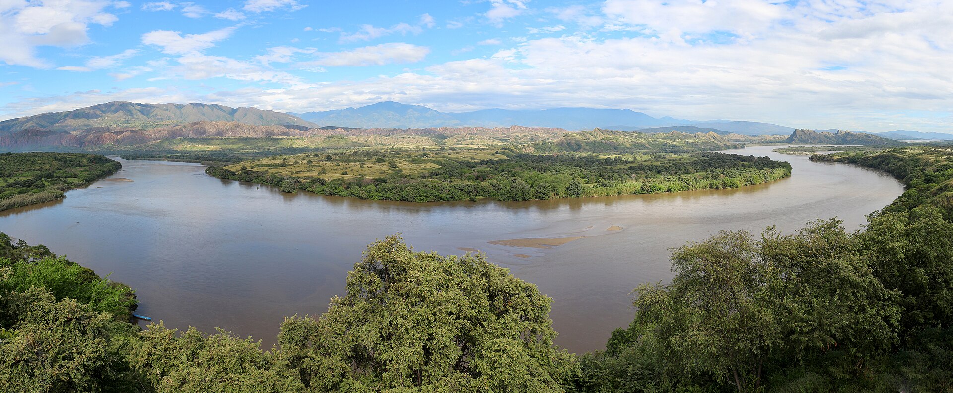 A wide bend of the Magdalena river in Colombia seen from above