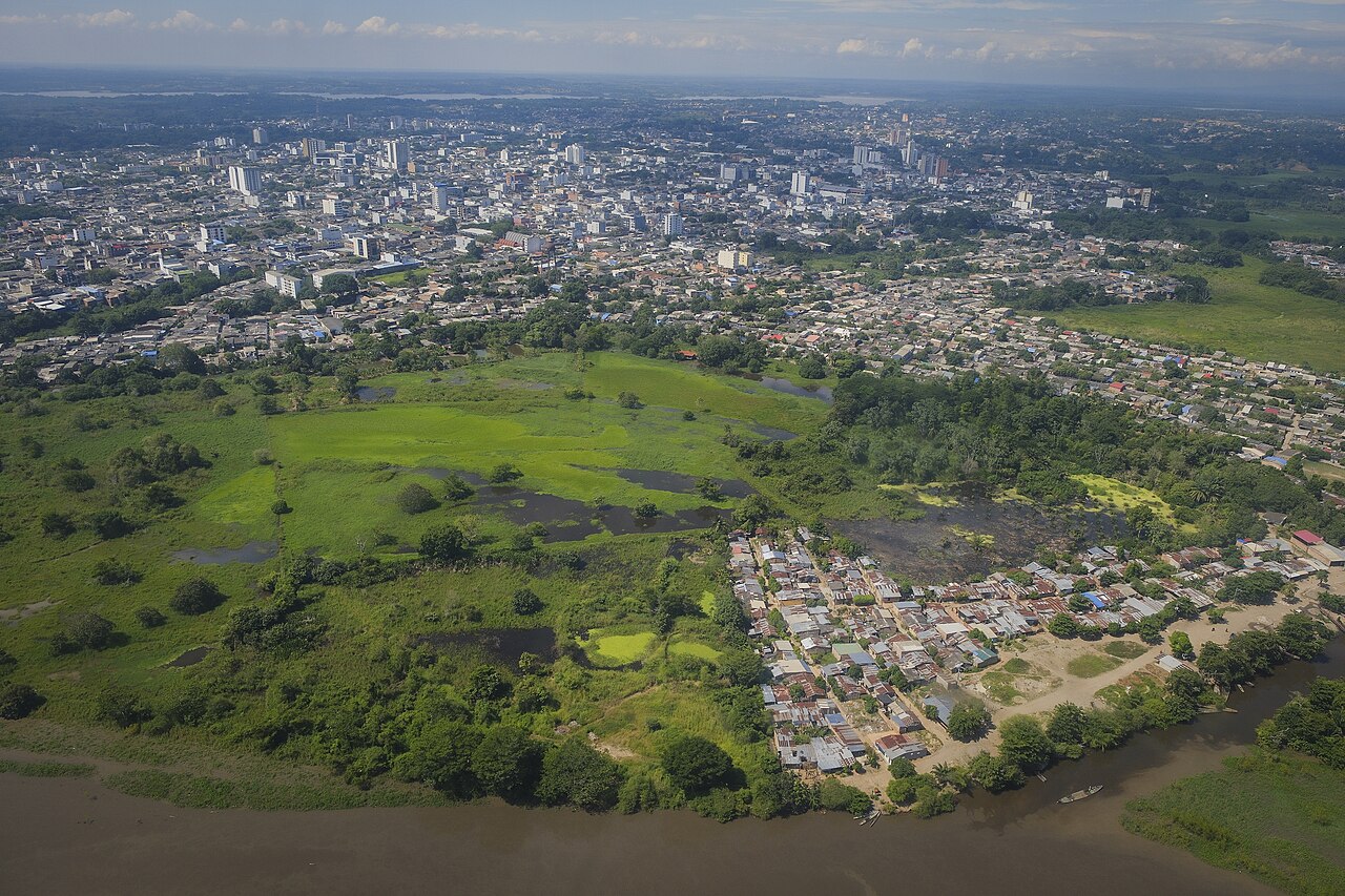 Colombia fracking: aerial view of Barrancabermeja on the Magdalena river, the oil city of the Middle Magdalena Valley basin
