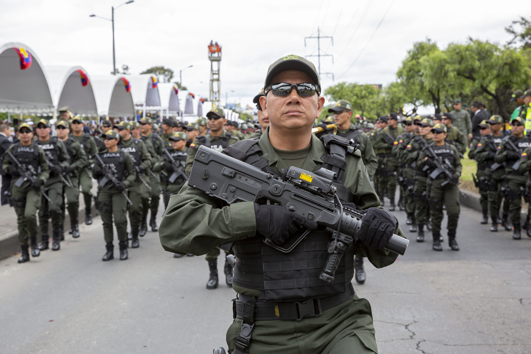 Colombian National Police officers, including GAULA anti-kidnapping units, in formation in Bogotá