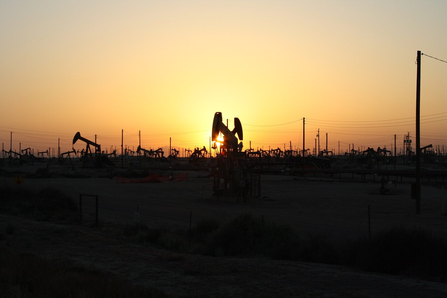 Oil pumpjacks at sunset.