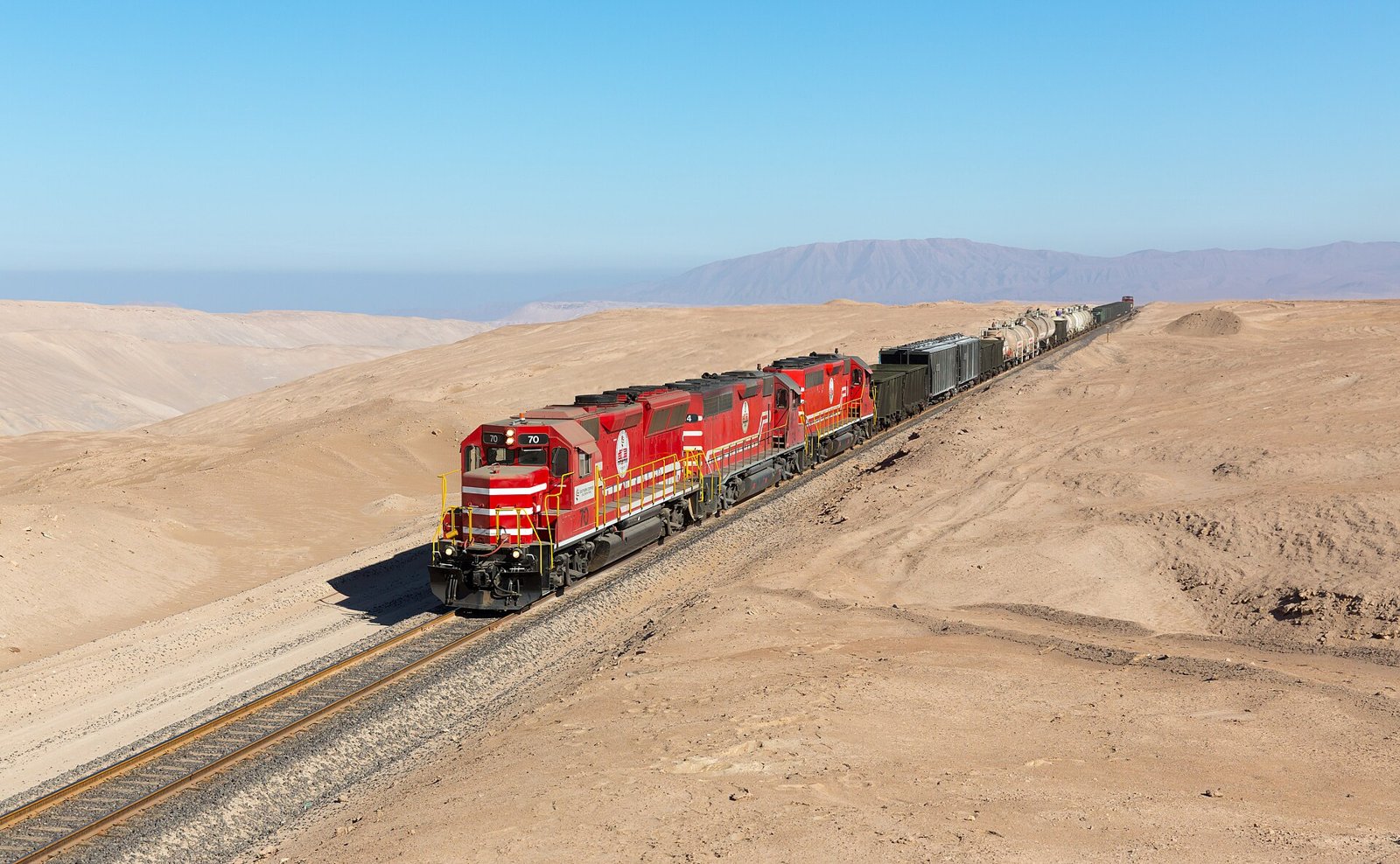 A Southern Peru Copper Corporation ore train crossing the desert between Ilo and Toquepala.