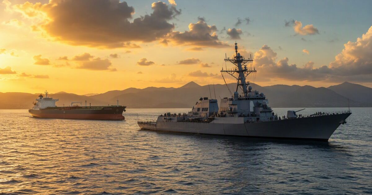 Latin America Defense Monitor: a US warship and an oil tanker off the Caribbean coast of Venezuela at dawn