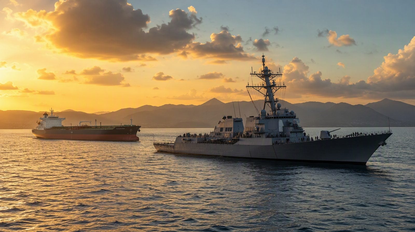 Latin America Defense Monitor: a US warship and an oil tanker off the Caribbean coast of Venezuela at dawn