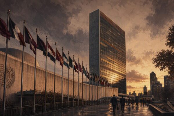 Latin America Defense Monitor cover: UN headquarters in New York at dusk with member-state flags