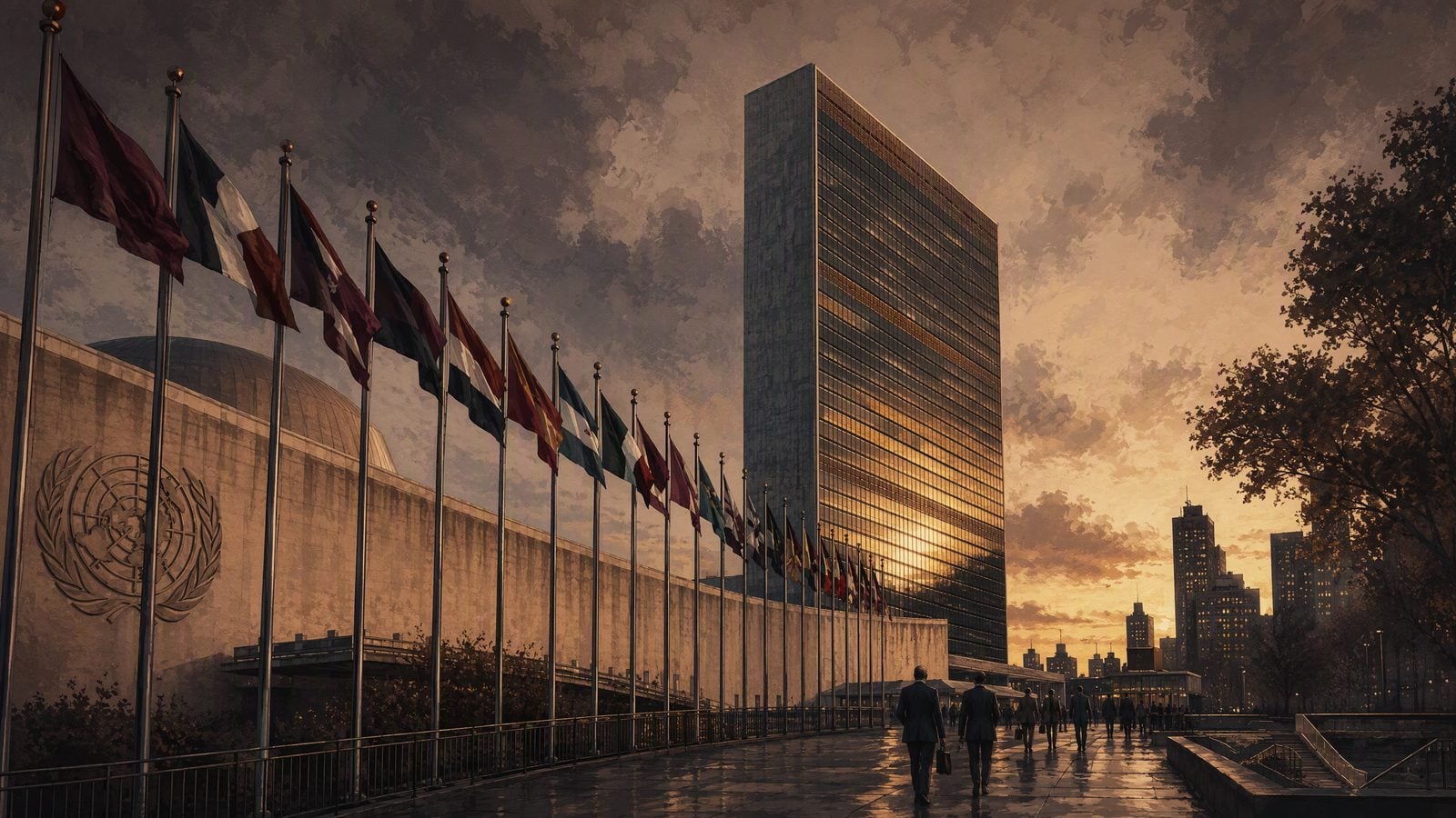 Latin America Defense Monitor cover: flags of member states outside UN headquarters in New York, where the hemisphere's defense diplomacy moved this week