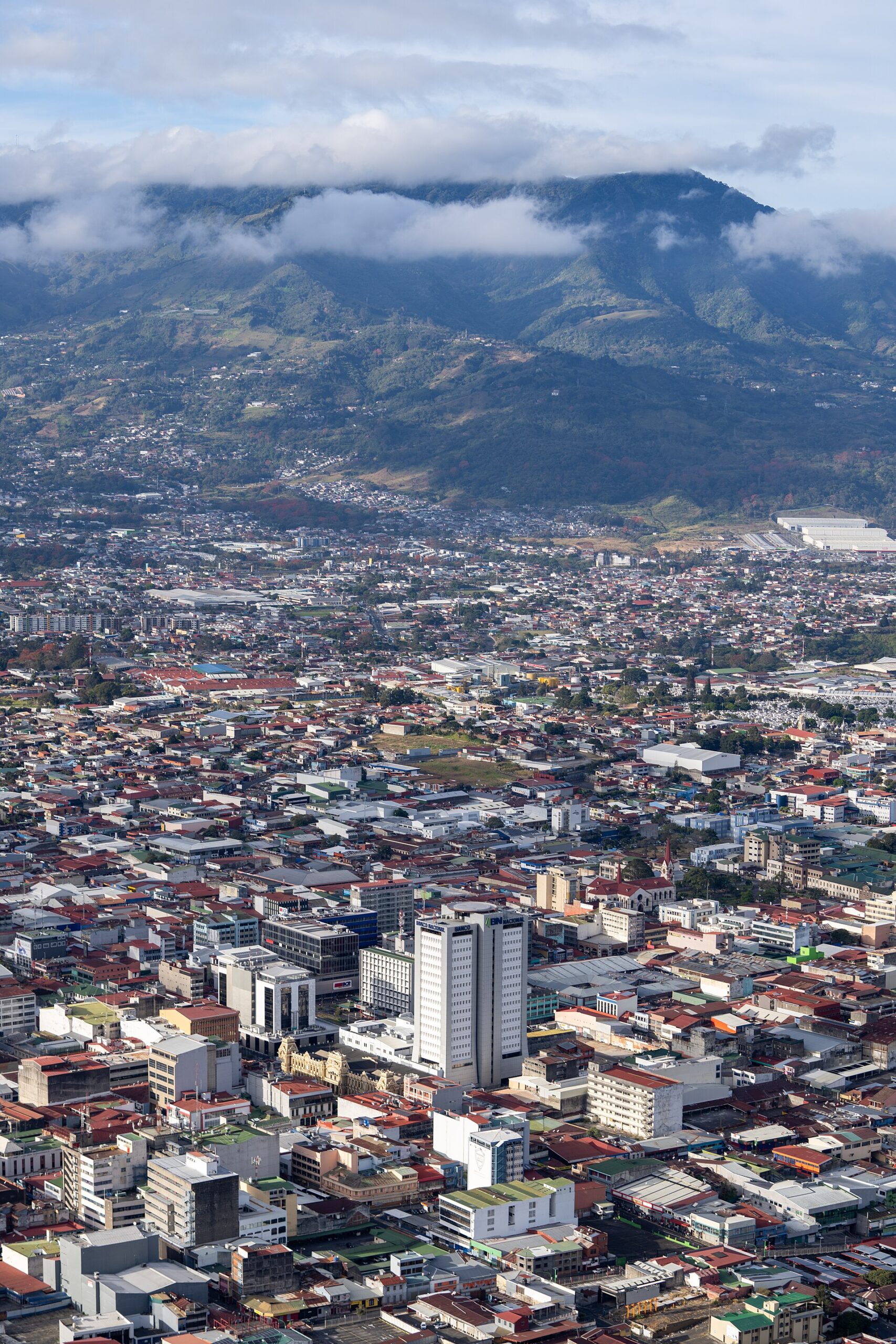 Aerial view of San José, Costa Rica, with mountains behind the city