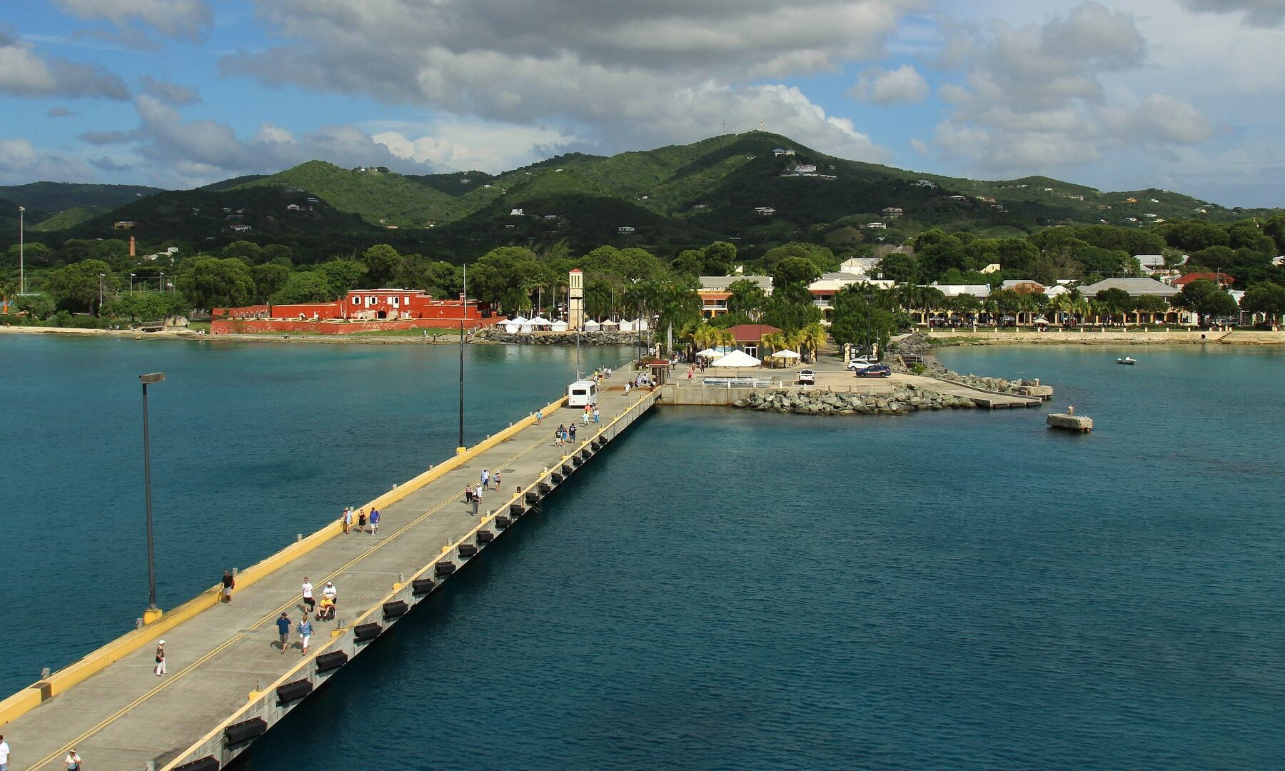 The Frederiksted pier, Fort Frederik and the town waterfront on St. Croix, US Virgin Islands, where the Crucian Christmas Festival village is held