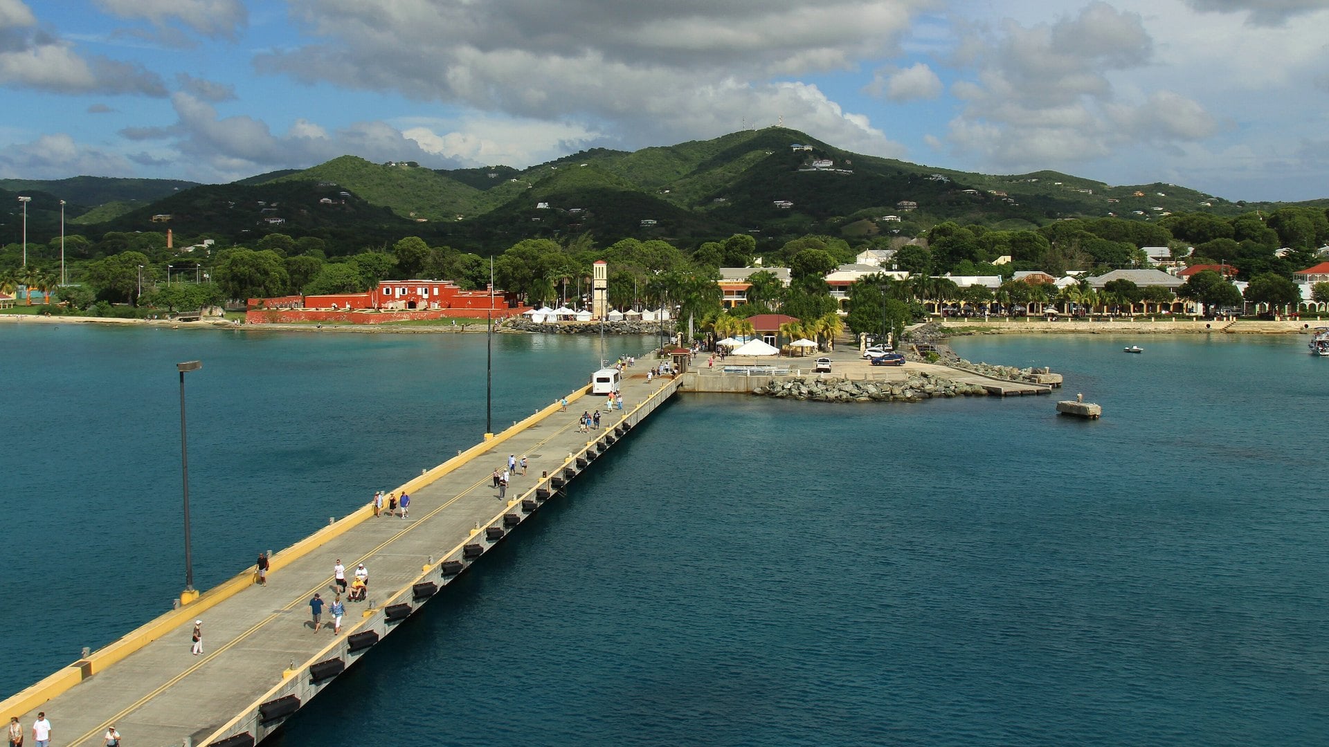 The Frederiksted pier, Fort Frederik and the town waterfront on St. Croix, US Virgin Islands, where the Crucian Christmas Festival village is held