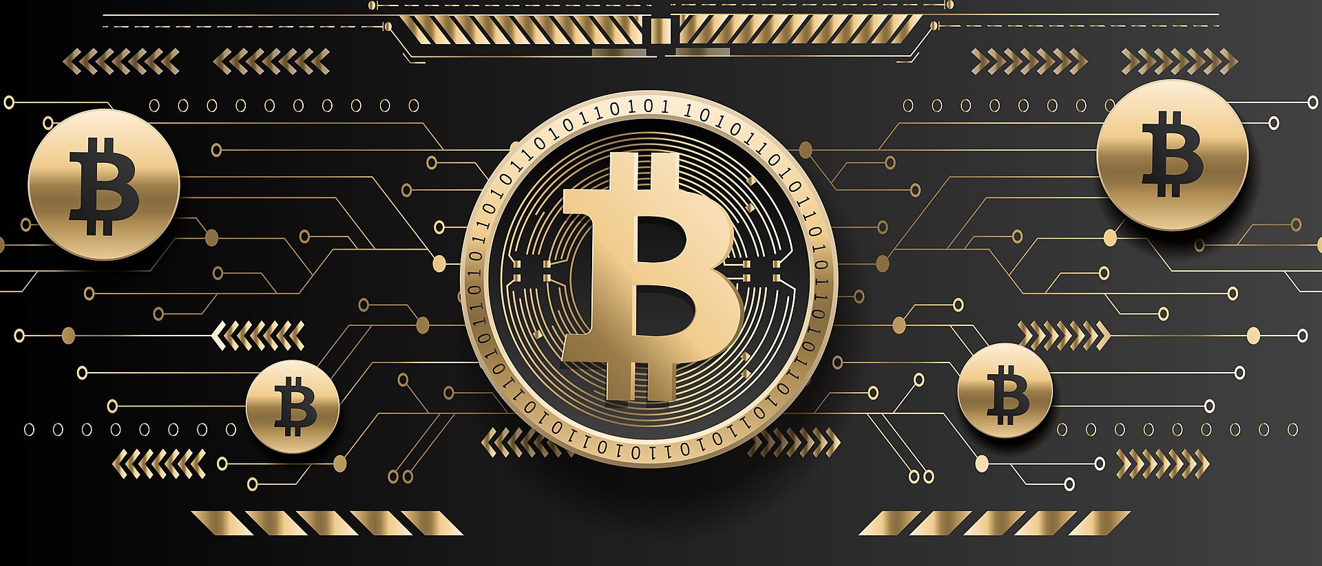 Bitcoin coins on a circuit-board background.