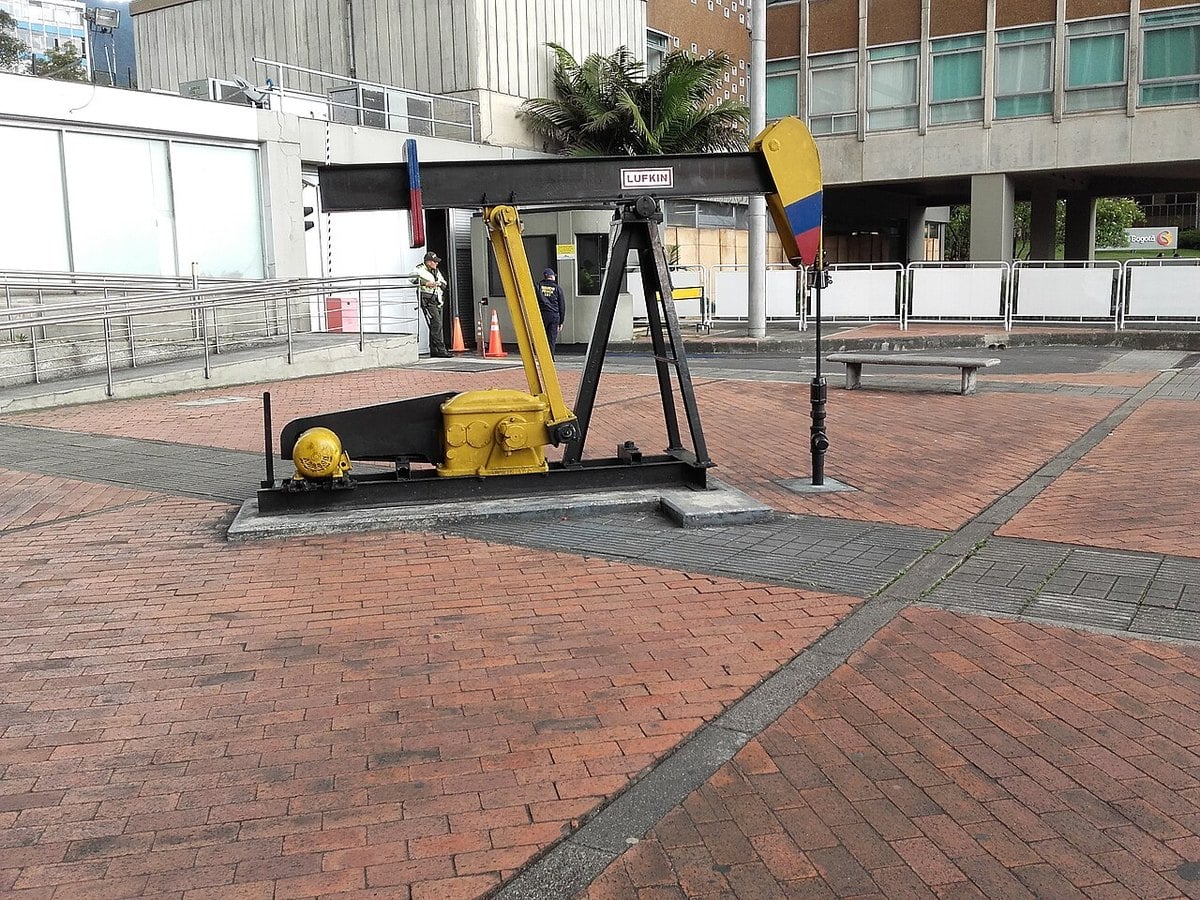 A pumpjack painted in the Colombian national colours displayed outside Ecopetrol's headquarters in Bogota