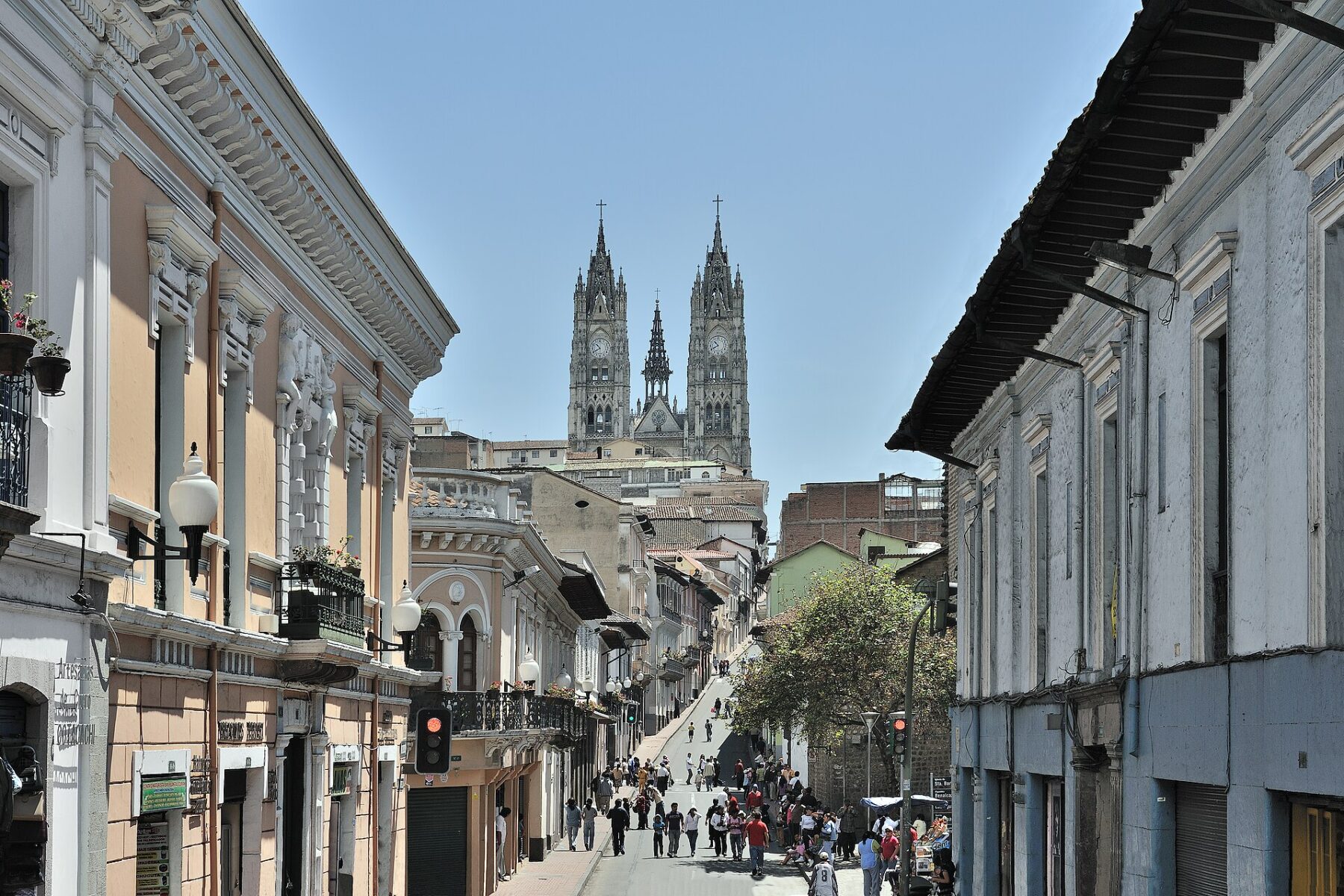 Ecuador explained 2026 — Venezuela Street in Quito's historic centre with the Basílica del Voto Nacional