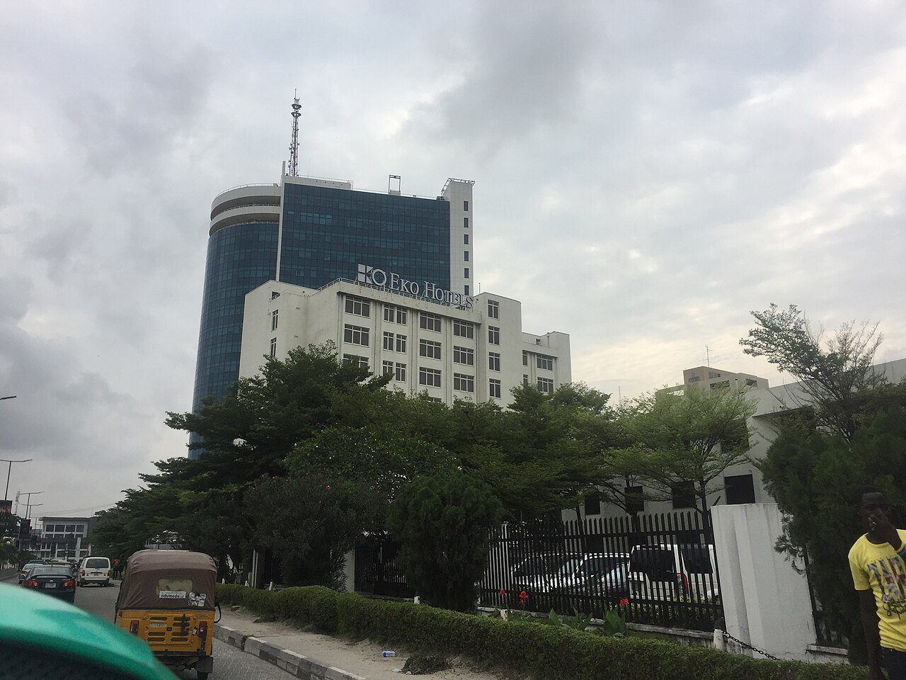 Eko Hotels & Suites tower and signage seen from the street on Victoria Island, Lagos