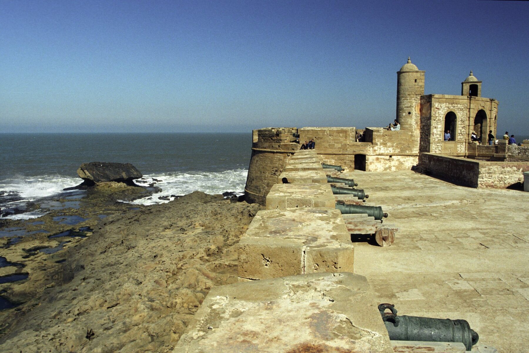 Historic cannons line the Skala de la Ville sea wall in Essaouira, Morocco