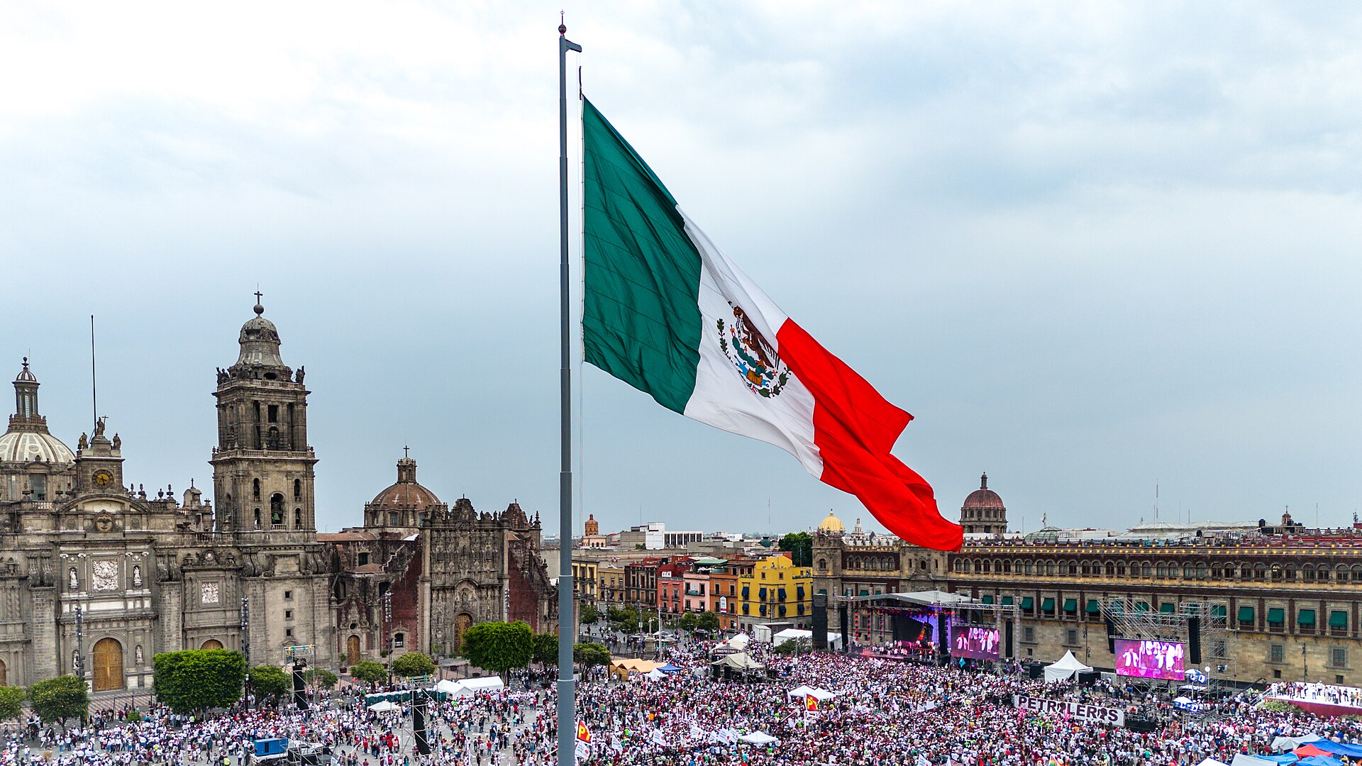 Mexico City's Zócalo square with the national flag, where El Grito marks Mexico's Independence Day on September 15, 2026
