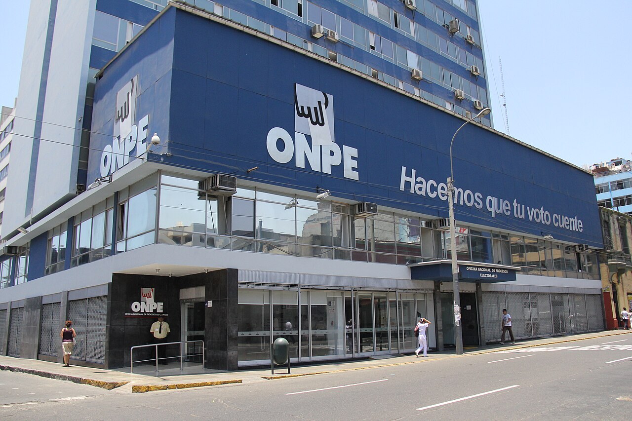 Blue facade of the ONPE electoral office headquarters in Lima
