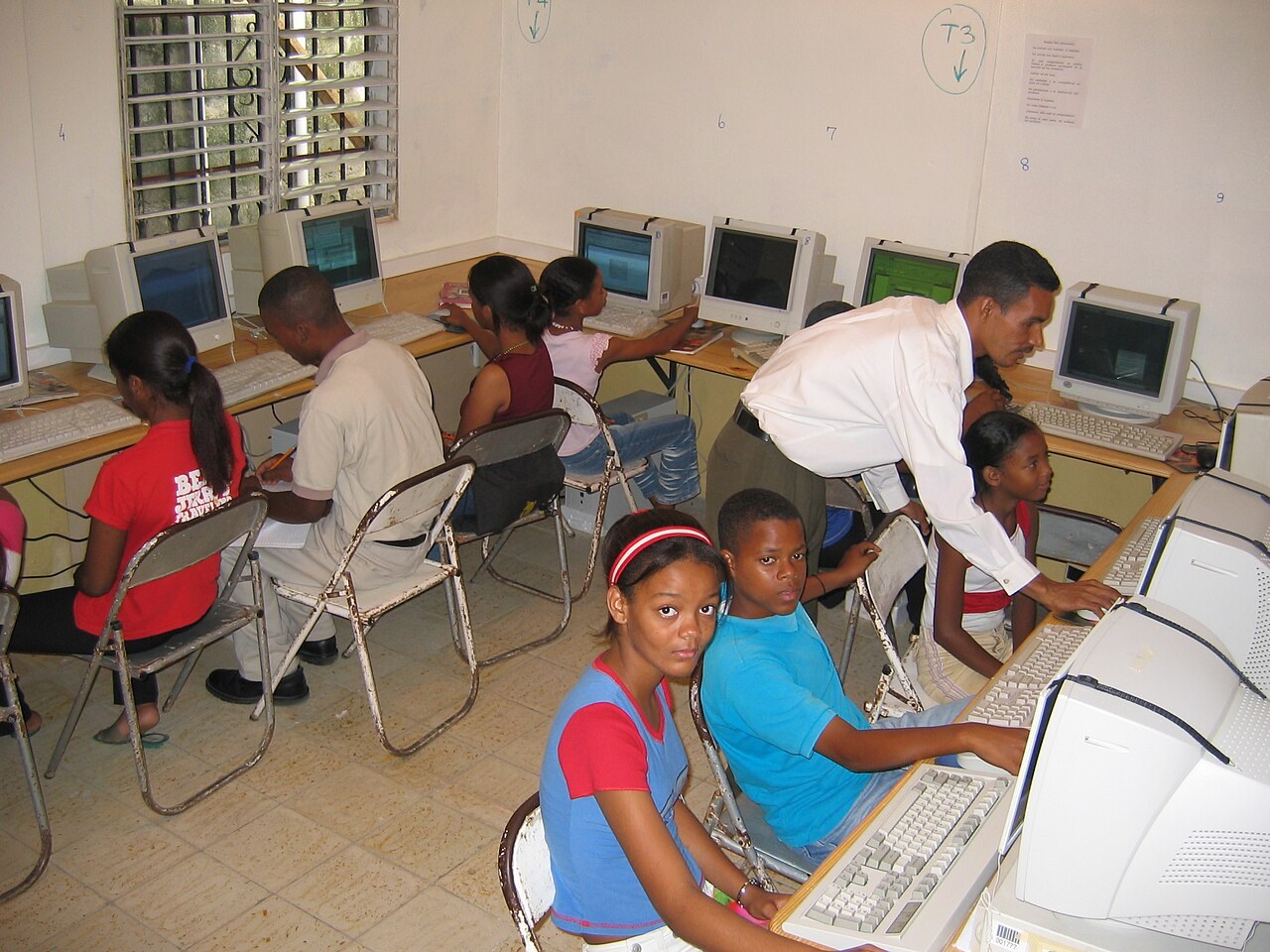 Dominican Republic debt interest - Children working at computers in a school classroom in Santo Domingo