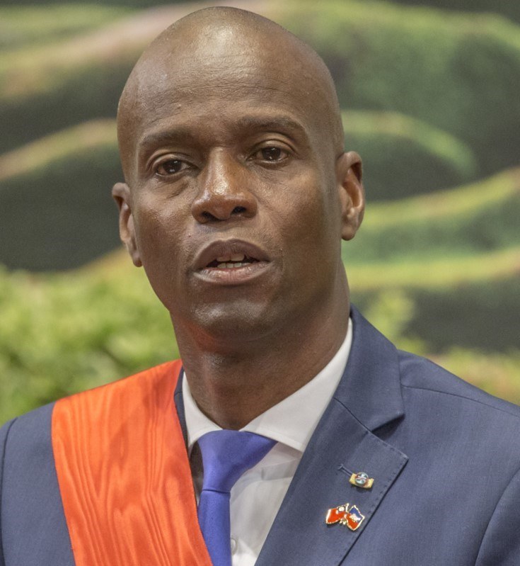 Moïse assassination trial - Portrait of Haitian President Jovenel Moïse wearing a sash