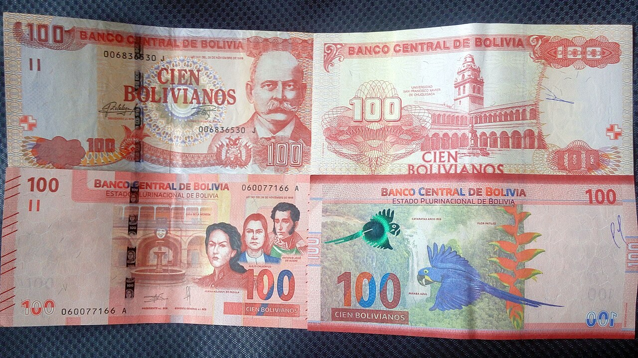 Bolivia central bank - Old and new 100-boliviano banknotes