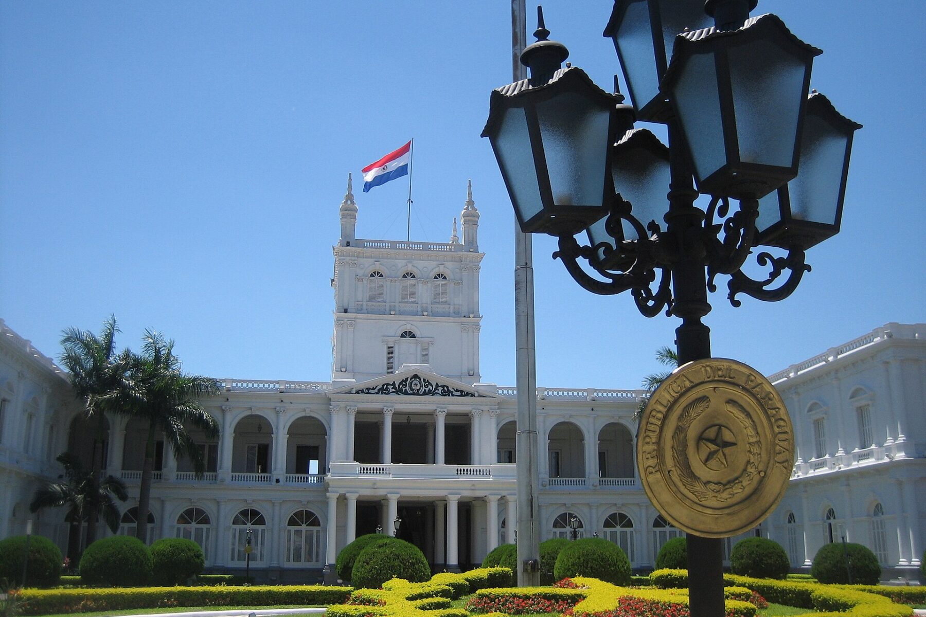 The Palacio de los López, seat of the presidency in Asunción, Paraguay, under a blue sky