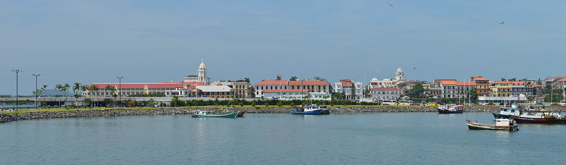 Colonial-era waterfront buildings of the Casco Antiguo, Panama City, seen across the bay