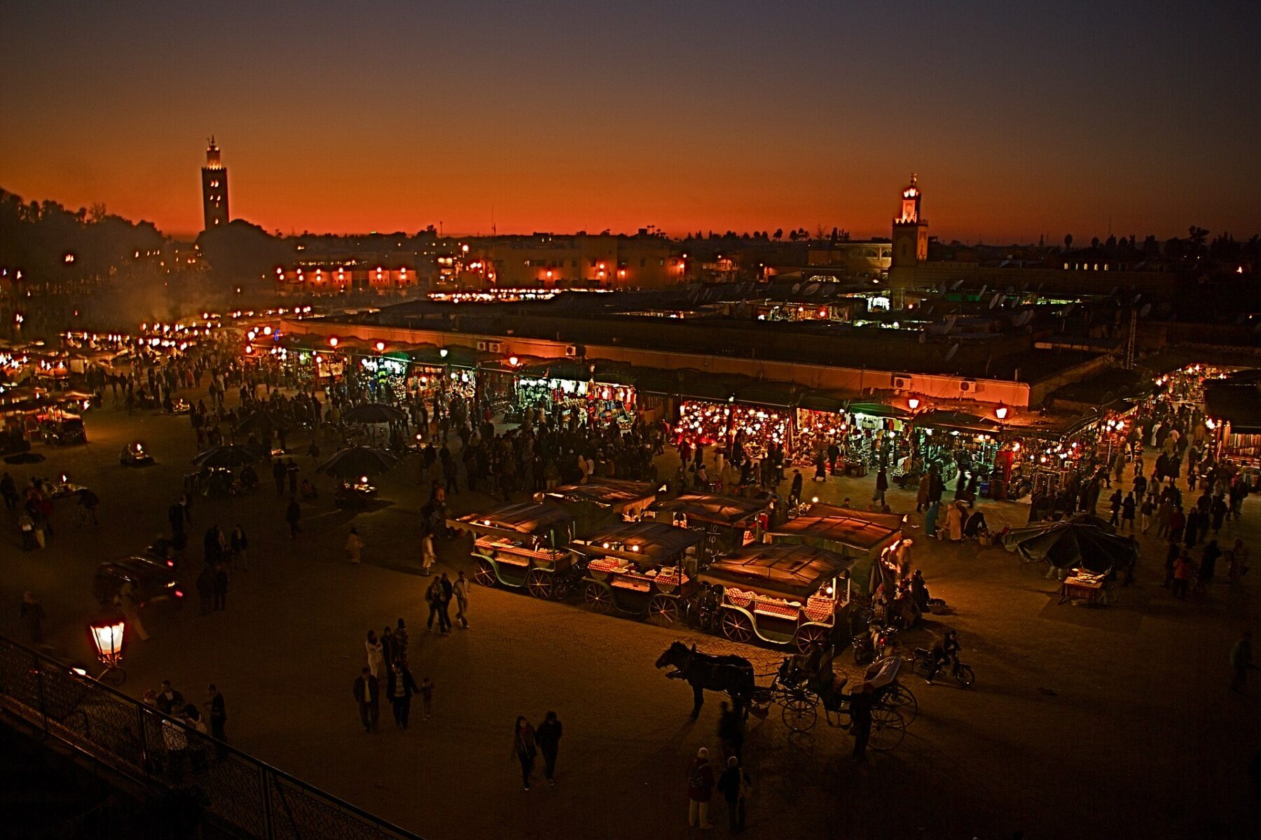 Jemaa el-Fnaa square in Marrakech at night, venue of the film festival free open-air screenings